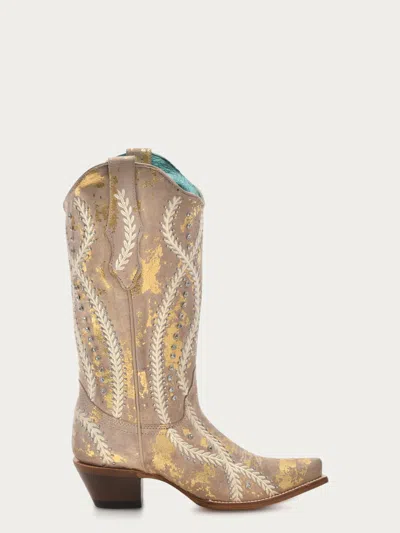 Pre-owned Corral Boots Corral Womens Crystal Embroidery Stud Snip Tan/gold Cowhide 13in Cowboy Boots