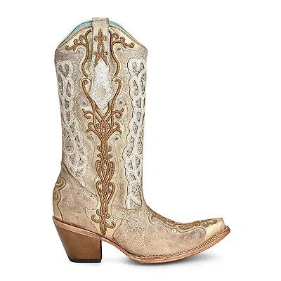 Pre-owned Corral Boots Corral Womens Crystal Overlay Cowboy Boots Leather White