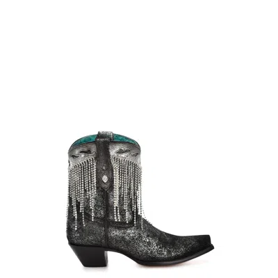 Pre-owned Corral Boots Corral Womens Crystals Fringe Ankle Snip Black Cowhide 8in Cowboy Boots