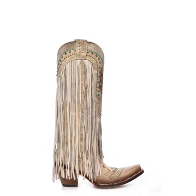 Pre-owned Corral Boots Corral Womens Crystals Pattern Embroidery Fringe Brown Cowhide 14in Cowboy Boots