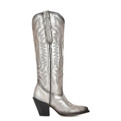 Pre-owned Corral Boots Corral Womens Embroidery Pointed Toe Silver Cowhide 16in Cowboy Boots