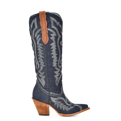 Pre-owned Corral Boots Corral Womens Embroidery Tall Top Pointed Denim Textile 16in Cowboy Boots In Blue