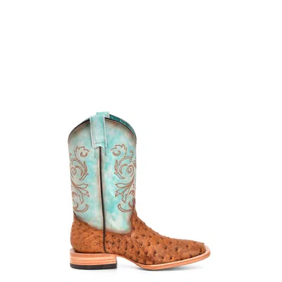 Pre-owned Corral Boots Corral Womens Embroidery Wide Square Toe Honey/blue Ostrich Cowboy Boots In Yellow
