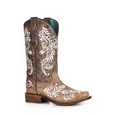 Pre-owned Corral Boots Corral Womens Floral Glow Cowboy Boots Leather Distressed Brown