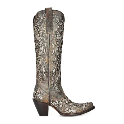 Pre-owned Corral Boots Corral Womens Floral Overlay Tall Studs Silver Cowhide 16.5in Cowboy Boots
