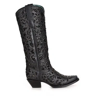 Pre-owned Corral Boots Corral Womens Full Inlay Cowboy Boots Leather Black