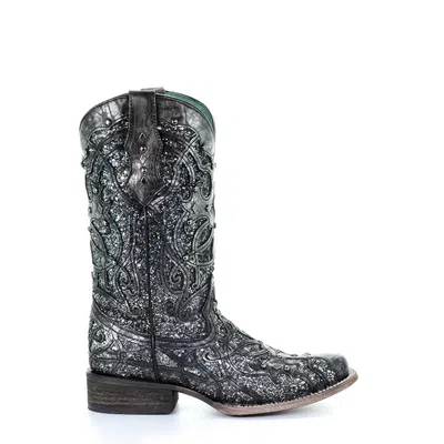 Pre-owned Corral Boots Corral Womens Glittered Inlay Studs Black/silver Cowhide Cowboy Boots