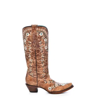 Pre-owned Corral Boots Corral Womens Glow In The Dark Floral Distress Cognac Leather 13in Cowboy Boots In Brown