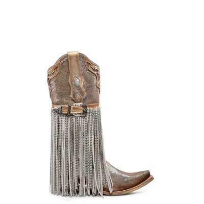 Pre-owned Corral Boots Corral Womens Gold Finish Crystal Fringe Silver Cowhide 13in Cowboy Boots