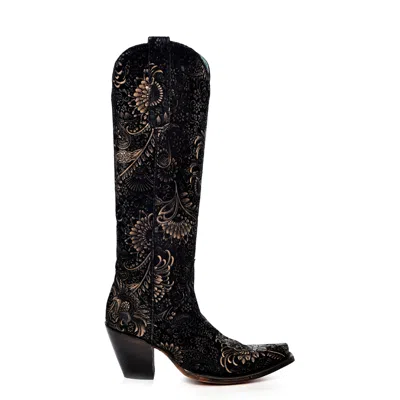 Pre-owned Corral Boots Corral Womens Gold Stamped Floral Snip Toe Black Cowhide 16in Cowboy Boots