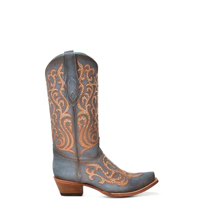 Pre-owned Corral Boots Corral Womens Honey Overlay Crystals Snip Blue Cowhide 13in Cowboy Boots
