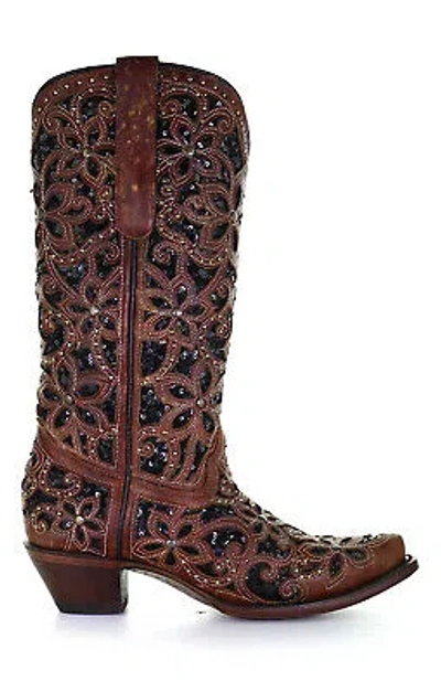 Pre-owned Corral Boots Corral Womens Inlay Embroidery Cowboy Boots Leather Tan/black
