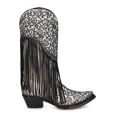 Pre-owned Corral Boots Corral Womens Intricate Fringe Cowboy Boots Leather Black/white