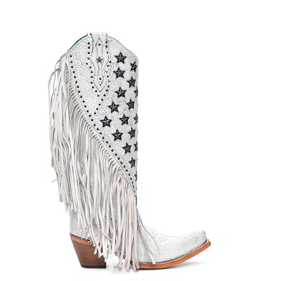 Pre-owned Corral Boots Corral Womens Luminescent Stars Lamb Fringe White Cowhide 15.5in Cowboy Boots