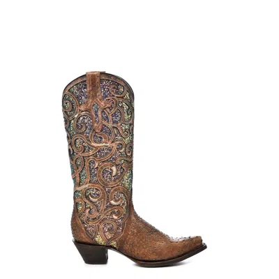 Pre-owned Corral Boots Corral Womens Purple Glitter Inlay Studded Brown Cowhide 13in Cowboy Boots