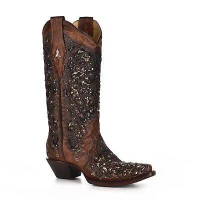 Pre-owned Corral Boots Corral Womens Shimmer Inlay Cowboy Boots Leather Cognac In Brown