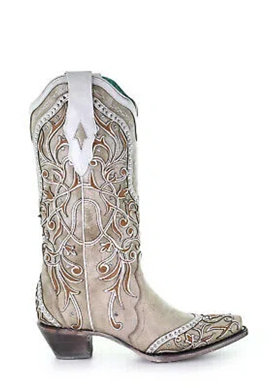 Pre-owned Corral Boots Corral Womens Stud Overlay Cowboy Boots Leather White