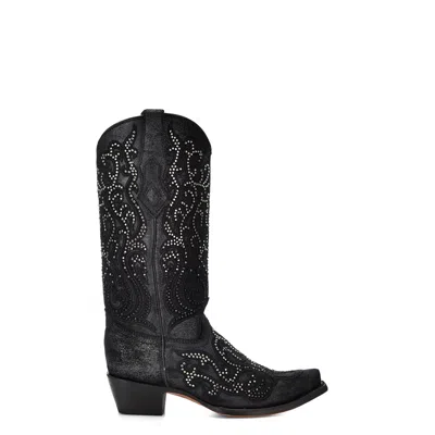 Pre-owned Corral Boots Corral Womens Tall Crystal Overlay Snip Black Cowhide 13in Cowboy Boots