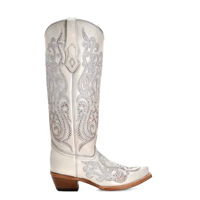 Pre-owned Corral Boots Corral Womens Tall Crystal Overlay Snip White Cowhide 16in Cowboy Boots