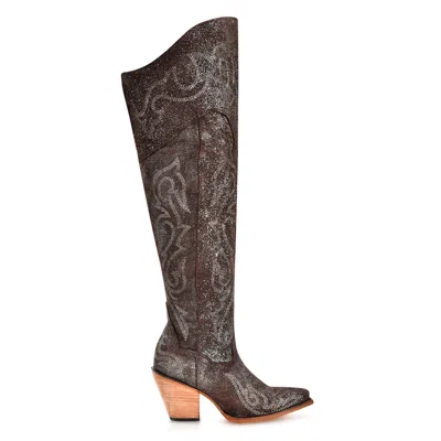 Pre-owned Corral Boots Corral Womens Tall Metallized Scrunchable Brown/silver Cowhide 22in Cowboy Boots