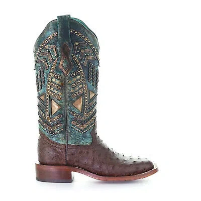 Pre-owned Corral Boots Corral Womens Vaquero Stud Cowboy Boots Ostrich Brown/turquoise