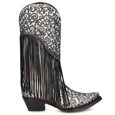 Pre-owned Corral Boots Crater Fringe And Tooledinlay Snip Toe Cowboy Womens Black Casual