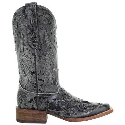 Pre-owned Corral Boots Distressed Embroidery Square Toe Cowboy Womens Black, Grey Casual In Gray