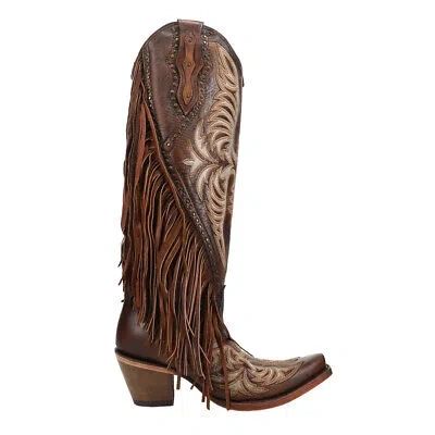 Pre-owned Corral Boots Eagle Embroidered Studded Fringe Tall Snip Toe Cowboy Womens Size In Brown