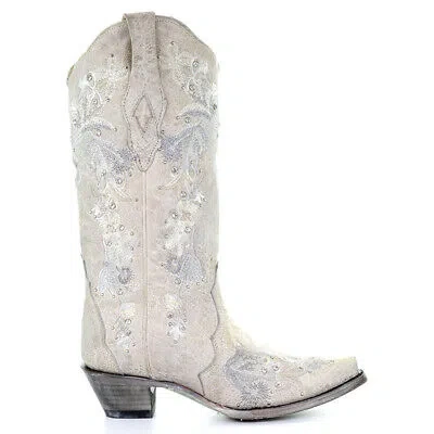 Pre-owned Corral Boots Floral Embroidered Crystals Snip Toe Cowboy Womens White Casual B