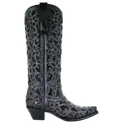 Pre-owned Corral Boots Floral Studded Rhinestones Sequins Tooledinlay Snip Toe Cowboy Wom In Black