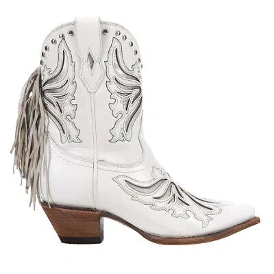 Pre-owned Corral Boots Fringe Inlay Pointed Fringe Toe Ankle Cowboy Booties Womens White C
