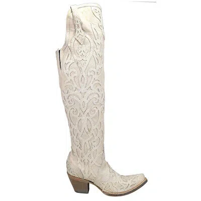 Pre-owned Corral Boots Glitter And Tooledinlay Knee High Snip Toe Cowboy Womens White Cas