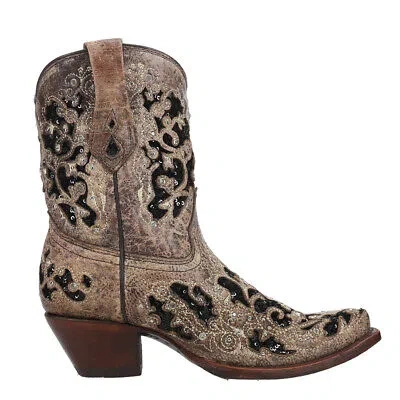 Pre-owned Corral Boots Glitter Tooledinlay Crystals Sequins Snip Toe Cowboy Booties Women In Brown