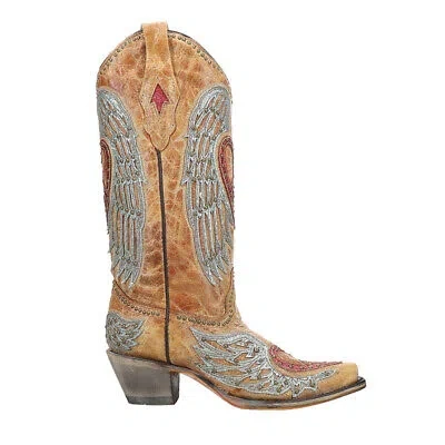 Pre-owned Corral Boots Heart And Wings Embroidery Studded Snip Toe Cowboy Womens Brown Ca