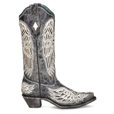 Pre-owned Corral Boots Ld Cross Wings Overlay Studs Snip Toe Cowboy Womens Black Casual