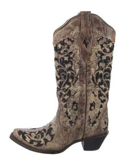 Pre-owned Corral Boots Leather Crystal Embellishments Western Boots In Brown