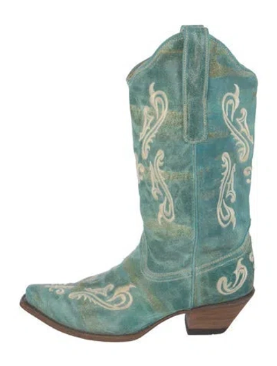 Pre-owned Corral Boots Leather Embroidered Accent Western Boots In Blue