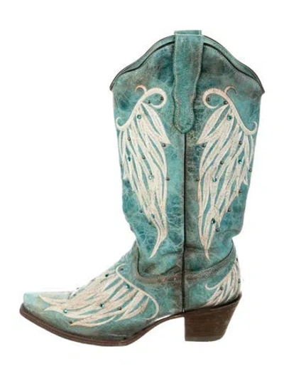 Pre-owned Corral Boots Leather Embroidered Accent Western Boots In Blue