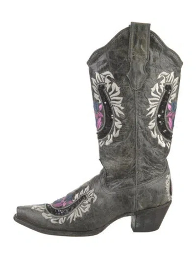 Pre-owned Corral Boots Leather Floral Print Western Boots In Black