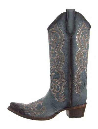 Pre-owned Corral Boots Leather Floral Print Western Boots In Blue