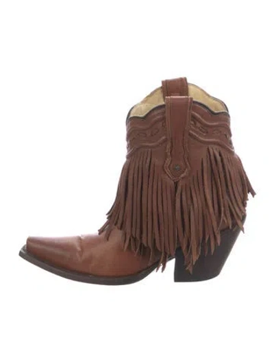 Pre-owned Corral Boots Leather Fringe Trim Accent Western Boots In Brown