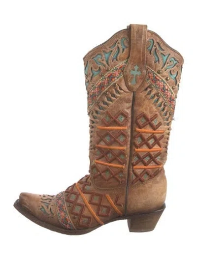 Pre-owned Corral Boots Leather Patterned Western Boots In Brown