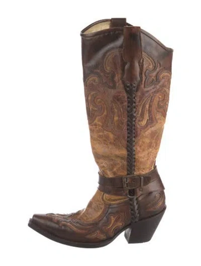 Pre-owned Corral Boots Leather Patterned Western Boots In Brown