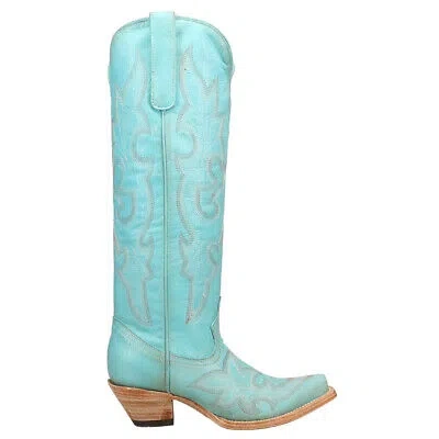 Pre-owned Corral Boots Leather Tooledinlay Tall Snip Toe Cowboy Womens Blue Casual Boots