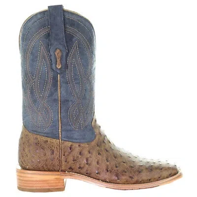 Pre-owned Corral Boots Ostrich Embroidered Square Toe Cowboy Mens Blue, Brown Casual Boot
