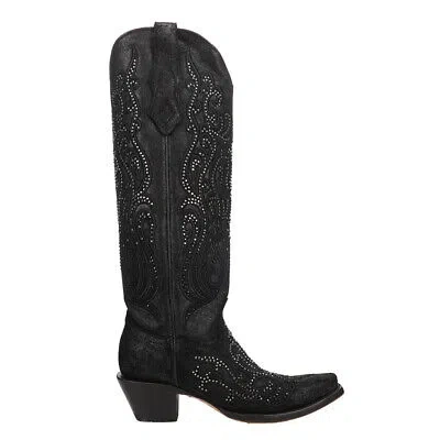 Pre-owned Corral Boots Overlay And Crystals Tall Snip Toe Cowboy Womens Black Casual Boot
