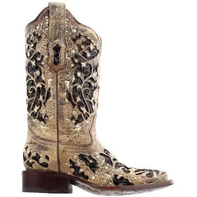 Pre-owned Corral Boots Sequined Tooledinlay Square Toe Cowboy Womens Brown Dress Boots A3