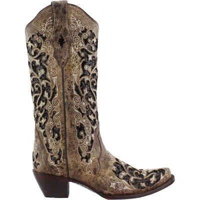 Pre-owned Corral Boots Sequins Tooledinlay Snip Toe Cowboy Womens Brown Dress Boots A3569
