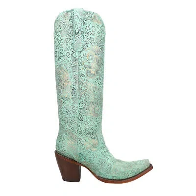 Pre-owned Corral Boots Stamped Floral Tall Snip Toe Cowboy Womens Blue Casual Boots A4587