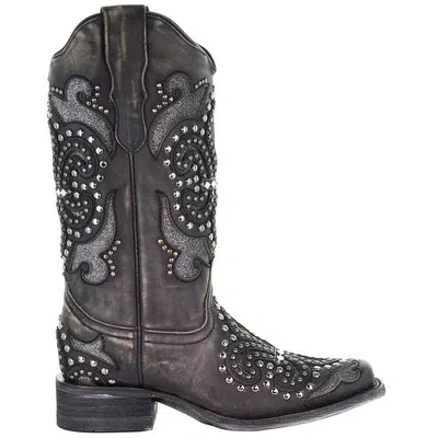Pre-owned Corral Boots Studded Tooled Inlay Snip Toe Cowboy Womens Black Dress Boots E153